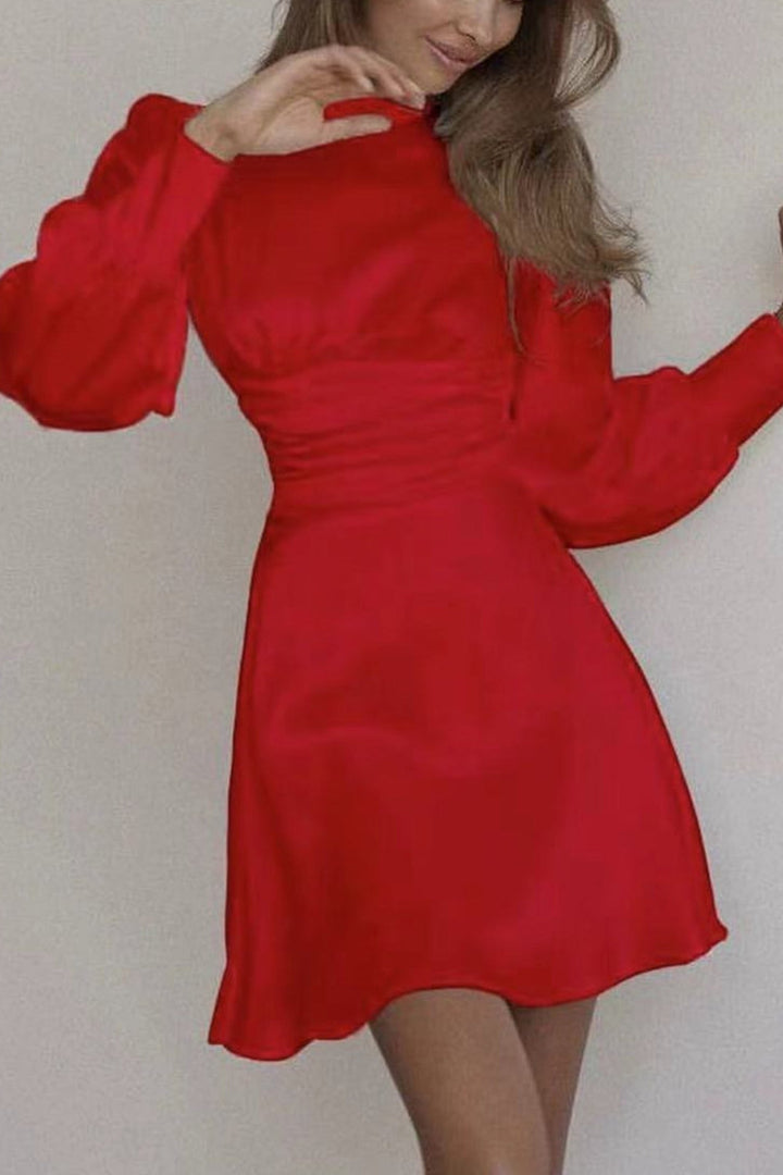 Satin Puff Sleeve Strappy Backless Dress Red · S