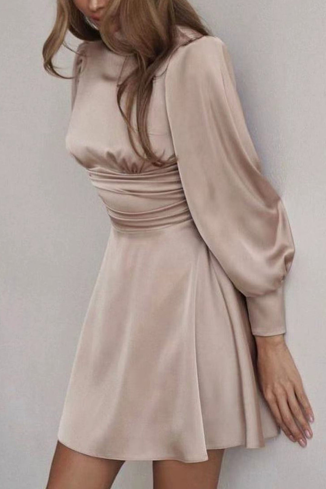 Satin Puff Sleeve Strappy Backless Dress Camel · M