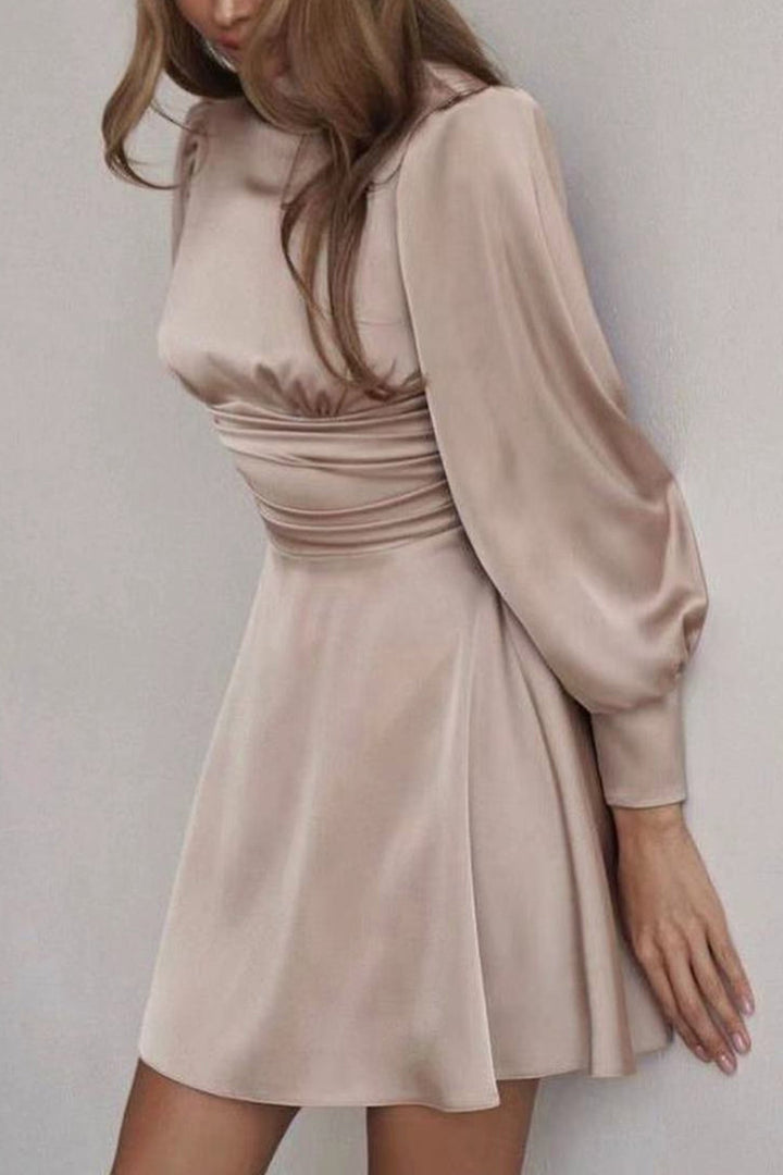 Satin Puff Sleeve Strappy Backless Dress Camel · M