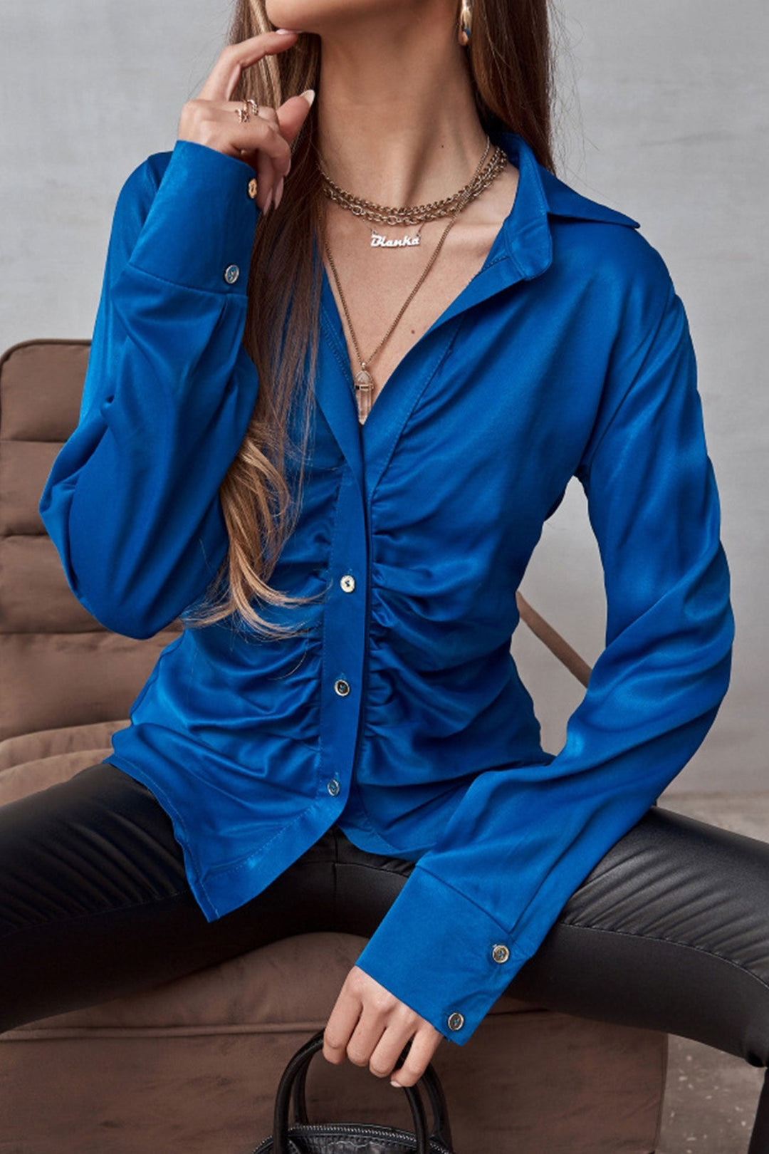 Satin Ruched Single-breasted Blouse Blue · S