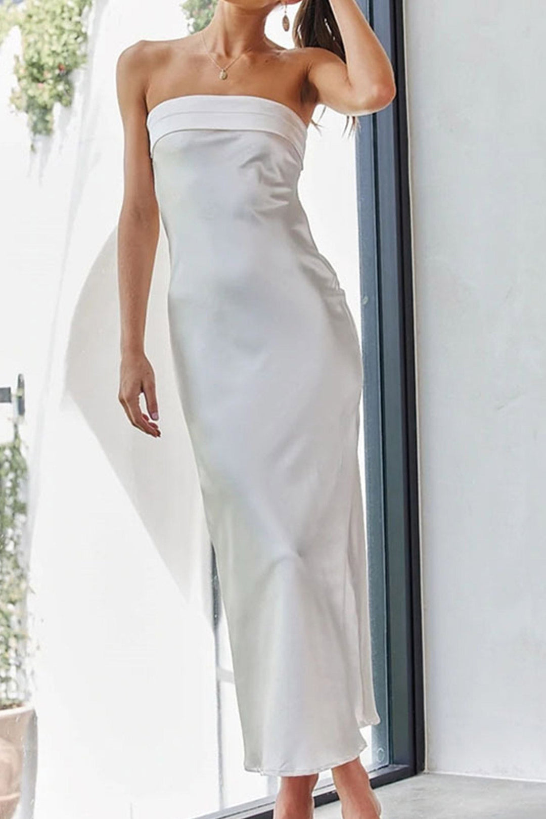 Satin Solid Color Strapless Midi Dress Orange · M