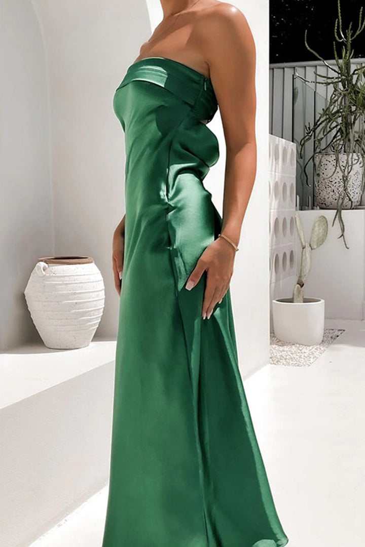 Satin Solid Color Strapless Midi Dress Green · M