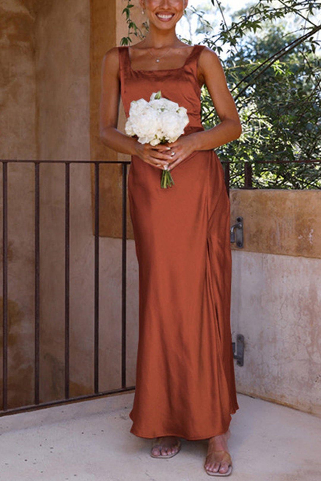 Satin Square Neck Slit Maxi Dress Rose · S