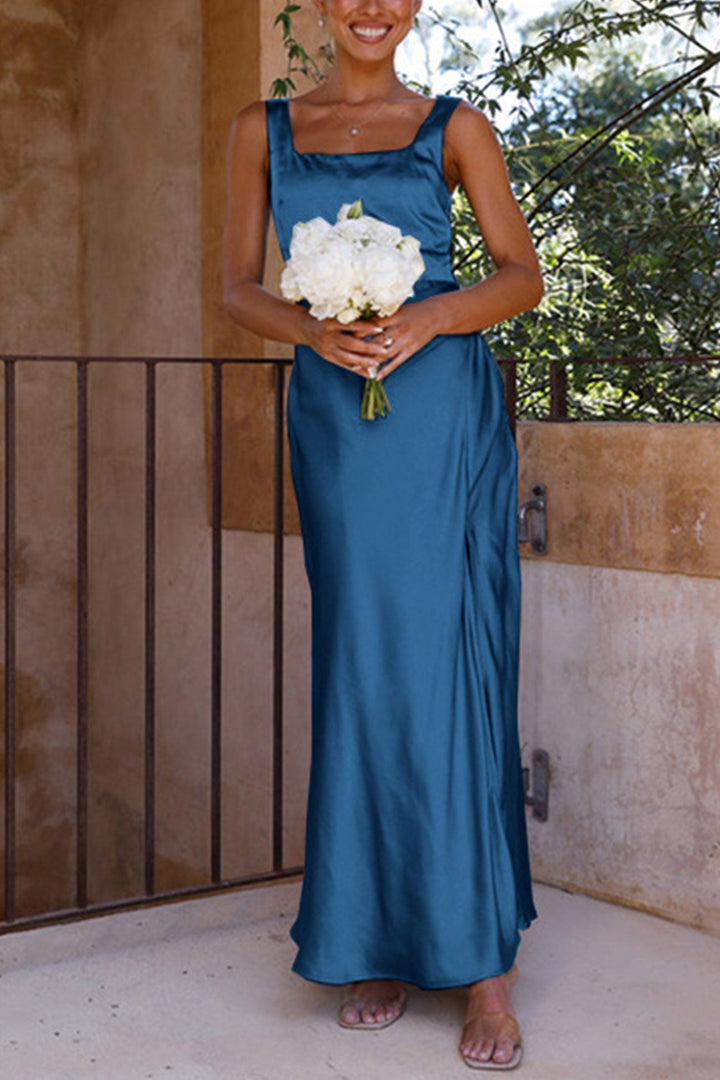 Satin Square Neck Slit Maxi Dress Blue · M