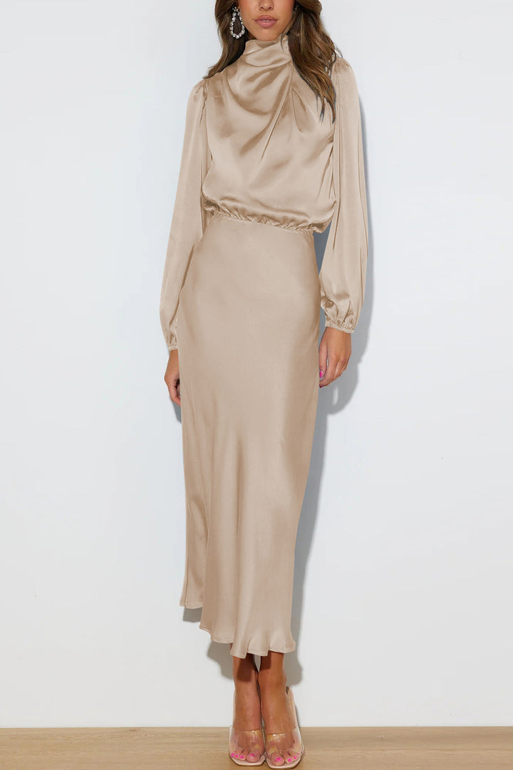 Satin Stacked Collar Lantern Sleeve Dress Dark Green · M