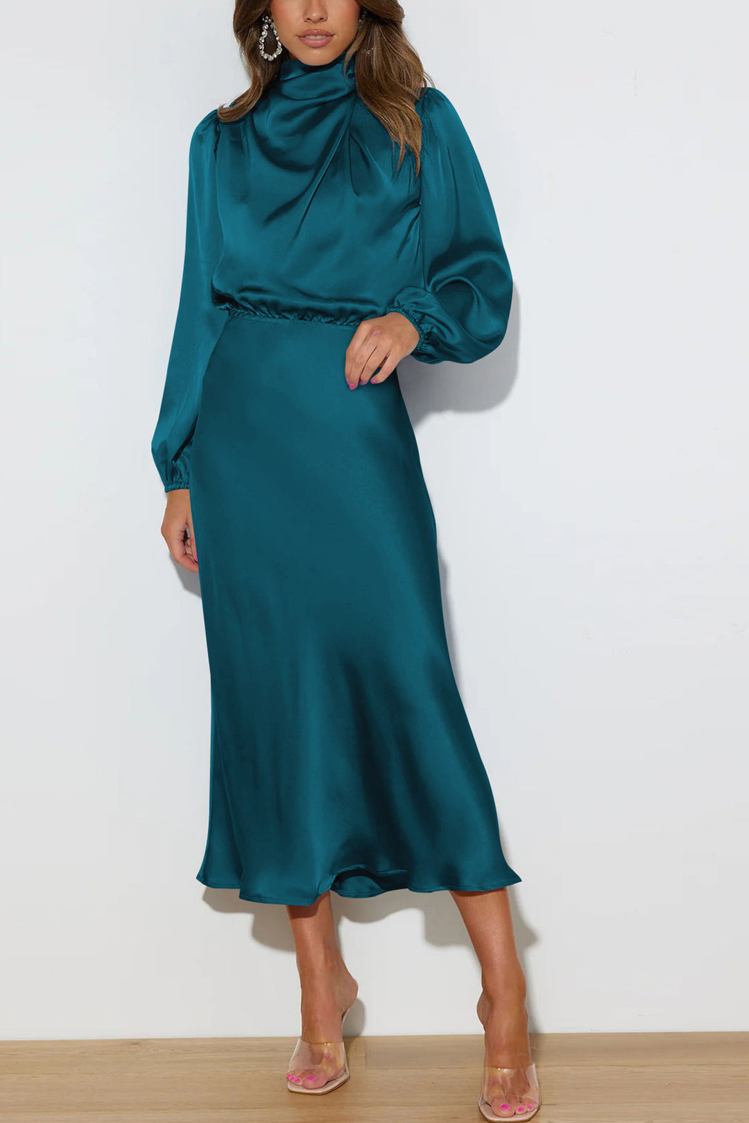 Satin Stacked Collar Lantern Sleeve Dress Peacock Blue · M