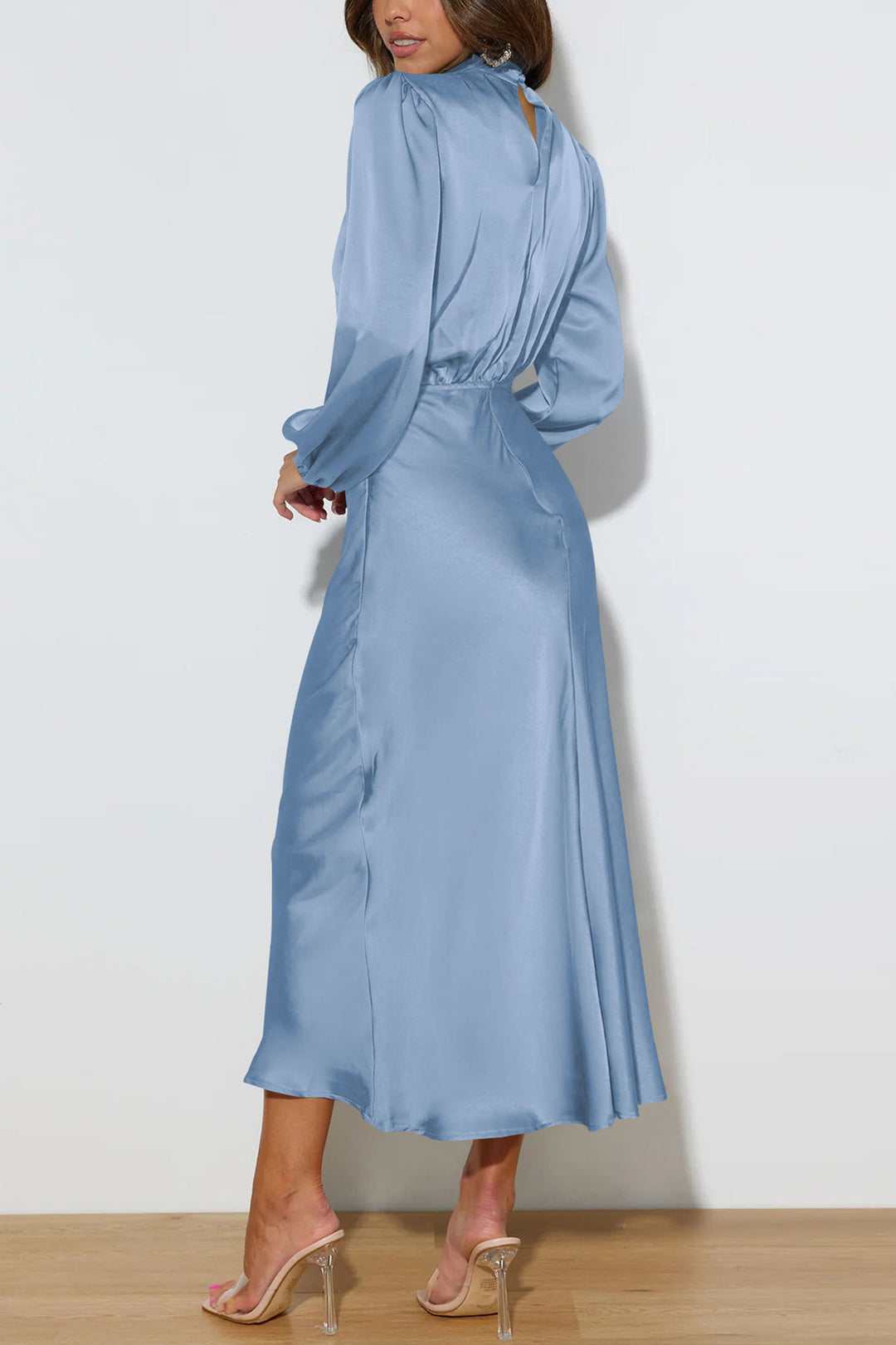 Satin Stacked Collar Lantern Sleeve Dress Light Blue · L