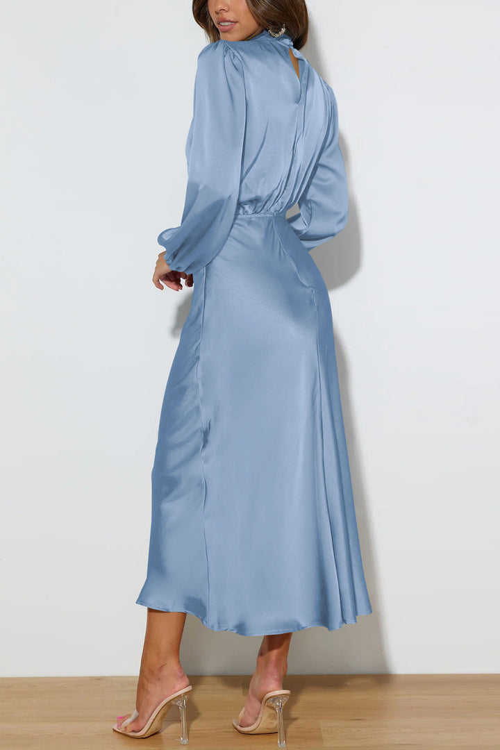 Satin Stacked Collar Lantern Sleeve Dress Light Blue · L