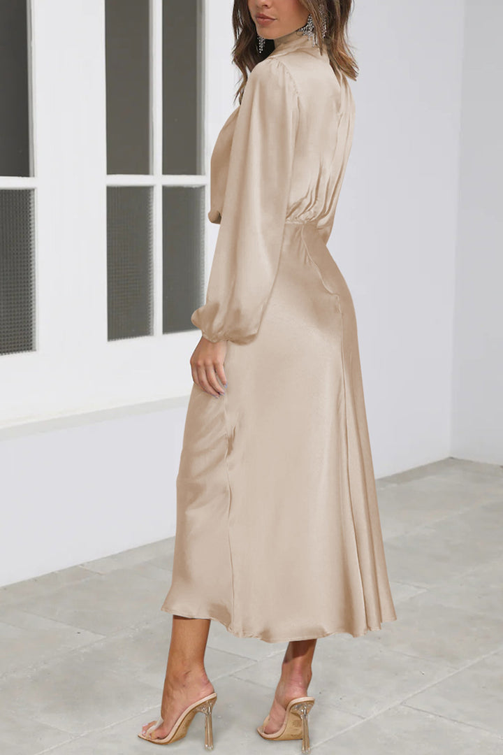 Satin Stacked Collar Lantern Sleeve Dress Champagne · S