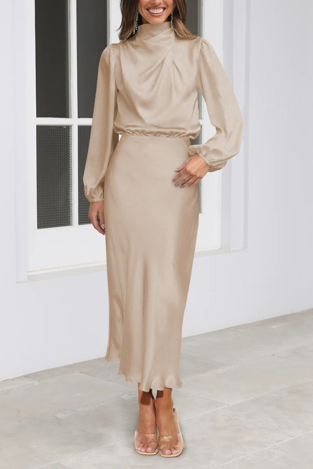 Satin Stacked Collar Lantern Sleeve Dress