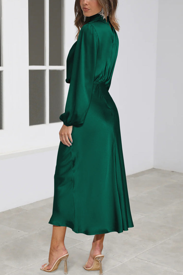 Satin Stacked Collar Lantern Sleeve Dress Dark Green · XL