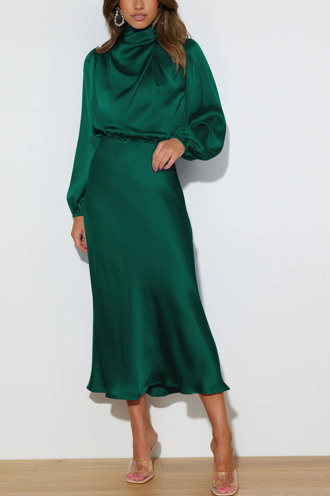 Satin Stacked Collar Lantern Sleeve Dress Dark Green · L