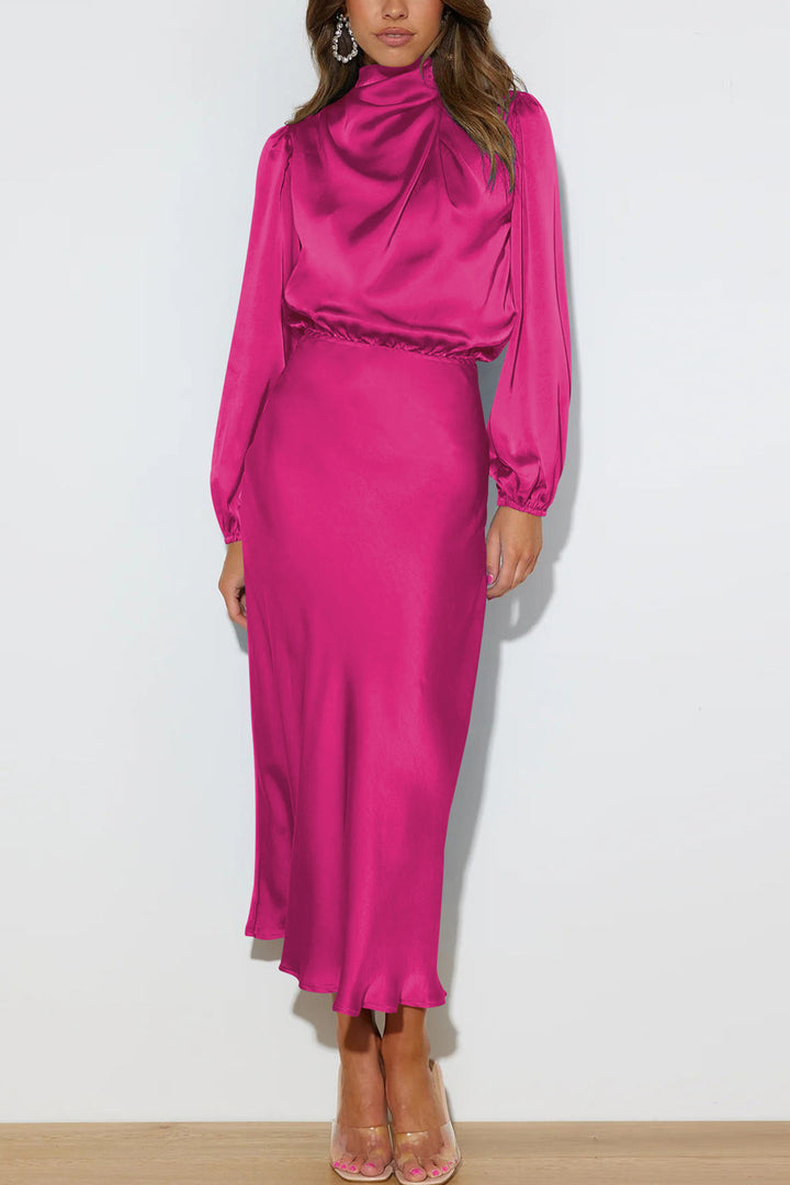 Satin Stacked Collar Lantern Sleeve Dress Rose · S
