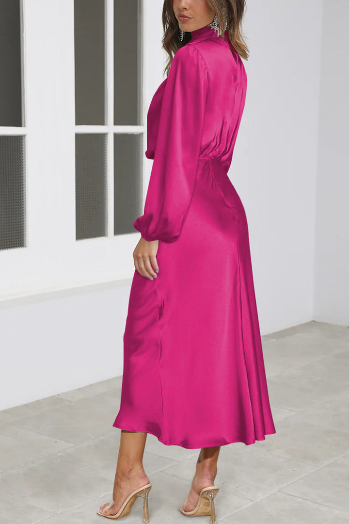 Satin Stacked Collar Lantern Sleeve Dress Rose · M