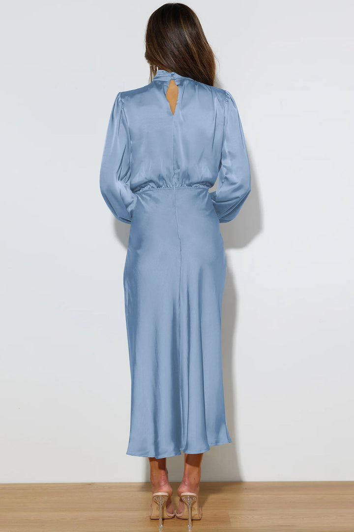 Satin Stacked Collar Lantern Sleeve Dress Light Blue · XL