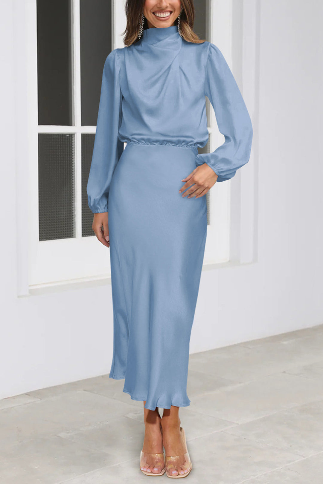 Satin Stacked Collar Lantern Sleeve Dress Peacock Blue · XL