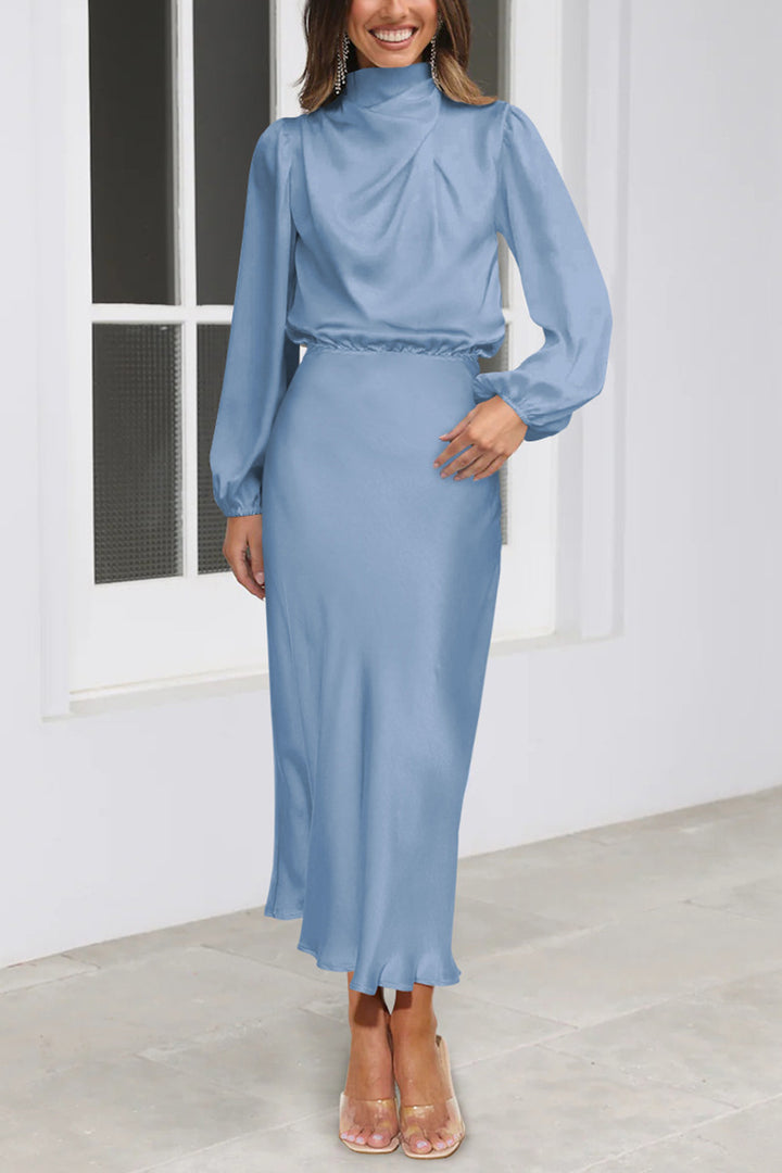 Satin Stacked Collar Lantern Sleeve Dress Peacock Blue · XL