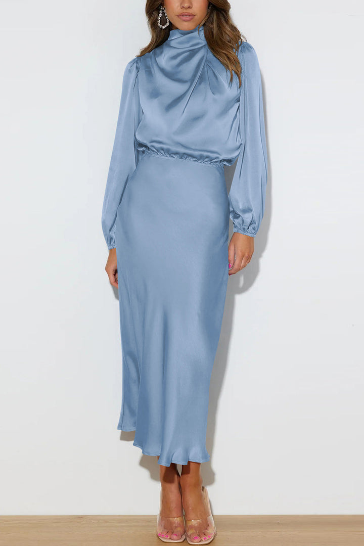 Satin Stacked Collar Lantern Sleeve Dress Light Blue · M