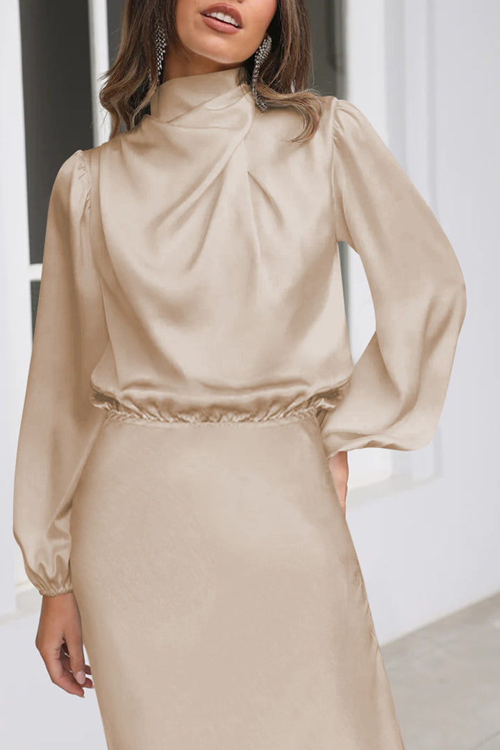 Satin Stacked Collar Lantern Sleeve Dress Champagne · L