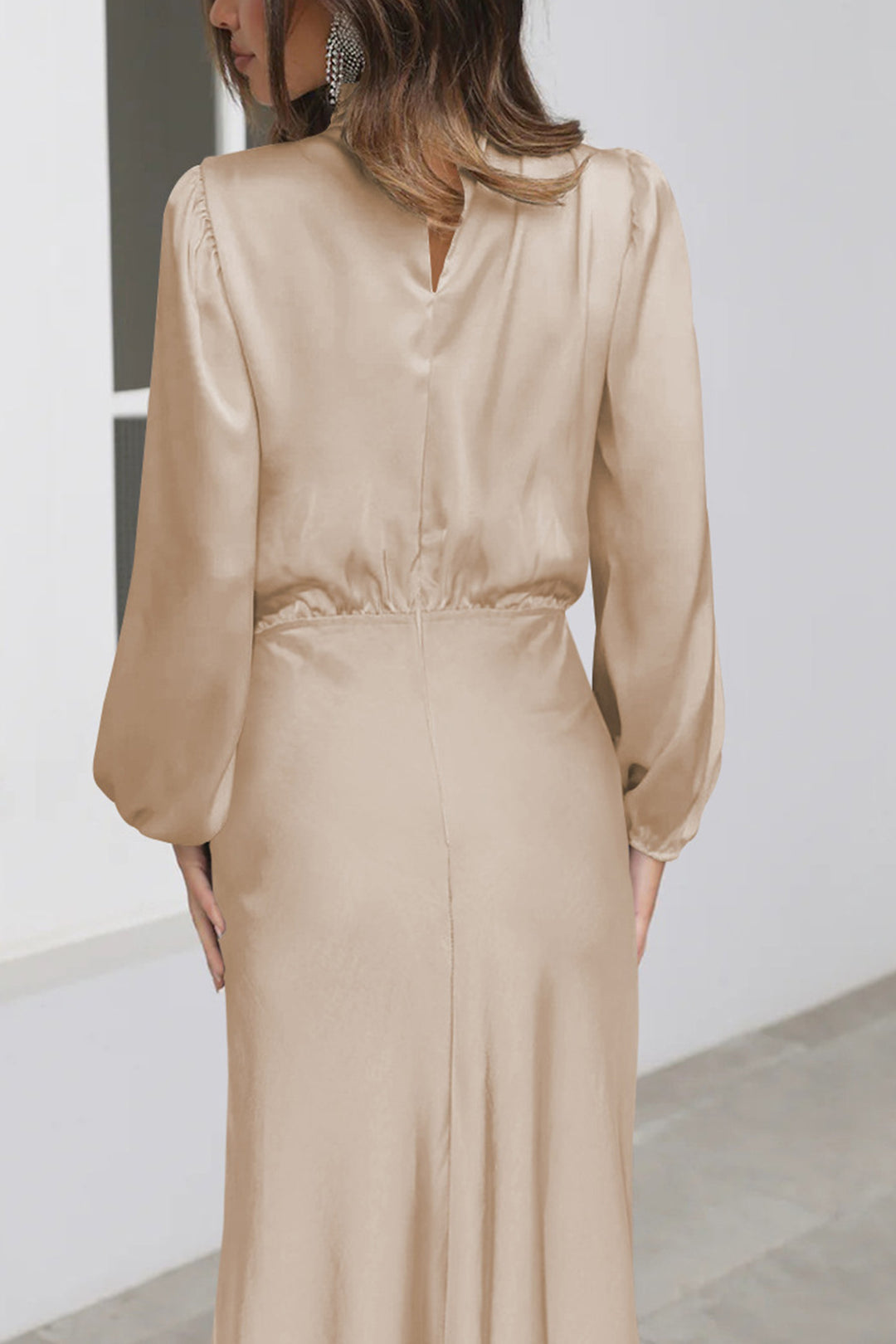 Satin Stacked Collar Lantern Sleeve Dress Champagne · M