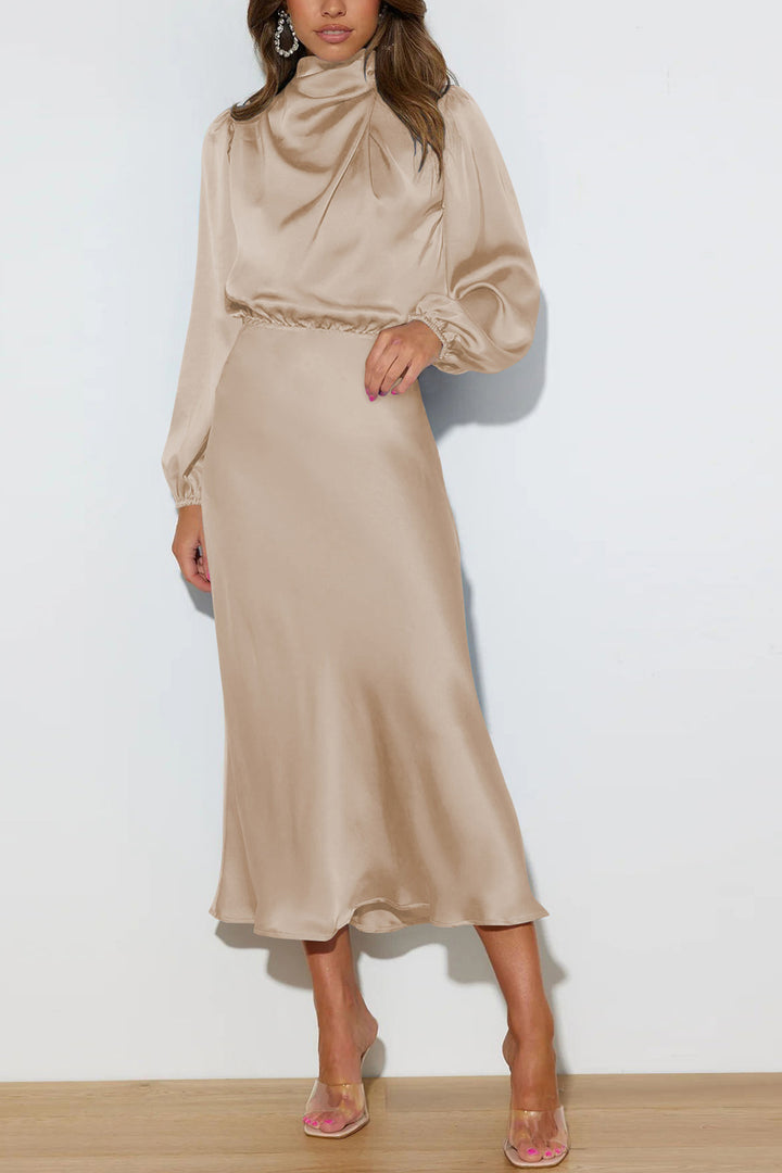 Satin Stacked Collar Lantern Sleeve Dress Champagne · XL