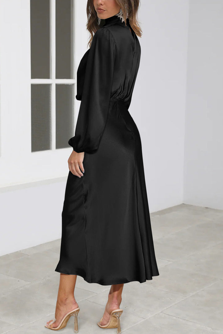 Satin Stacked Collar Lantern Sleeve Dress Black · L