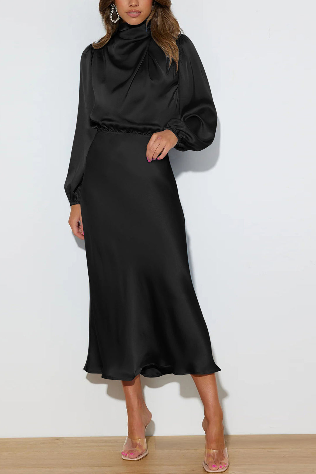 Satin Stacked Collar Lantern Sleeve Dress Black · M