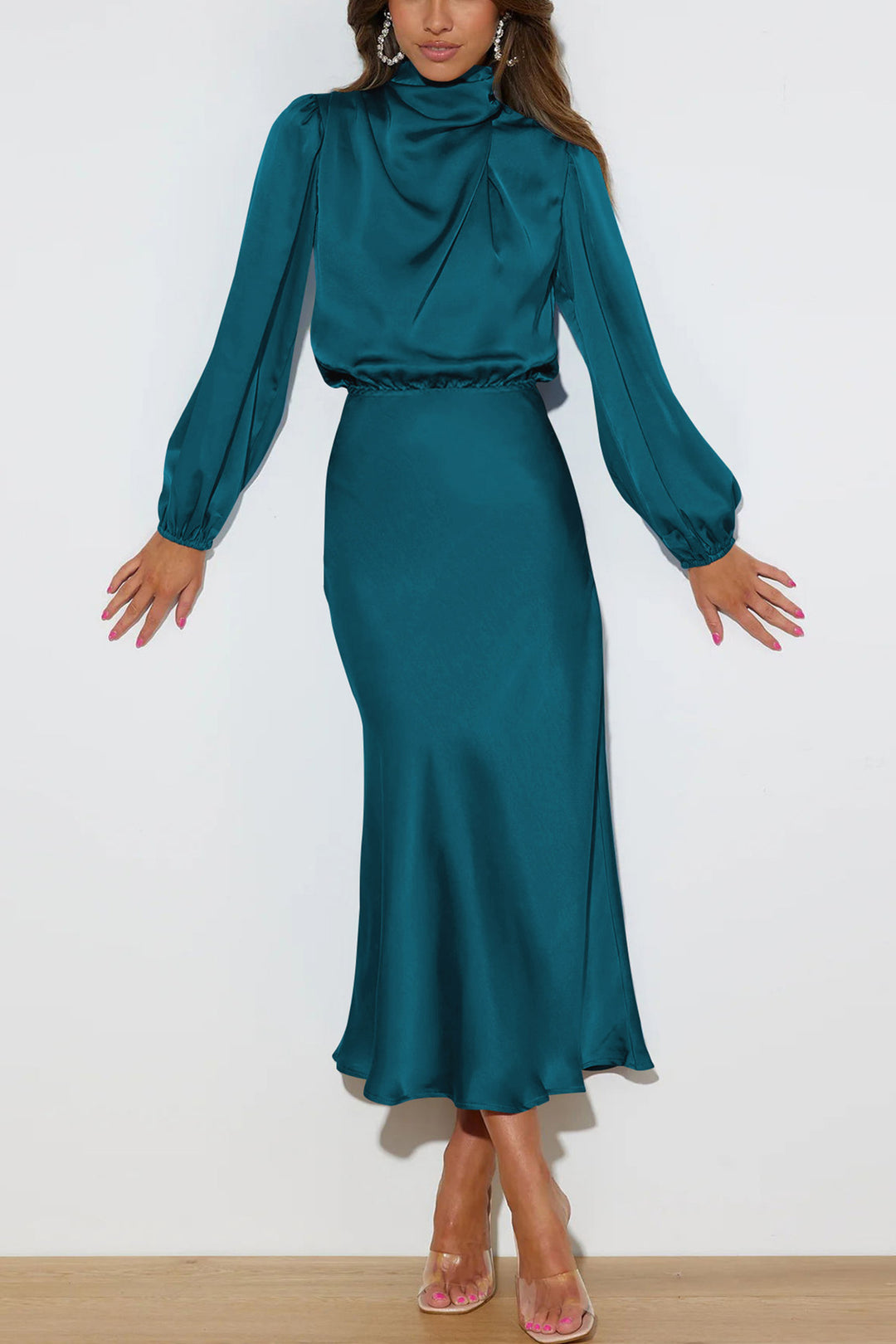 Satin Stacked Collar Lantern Sleeve Dress Peacock Blue · L