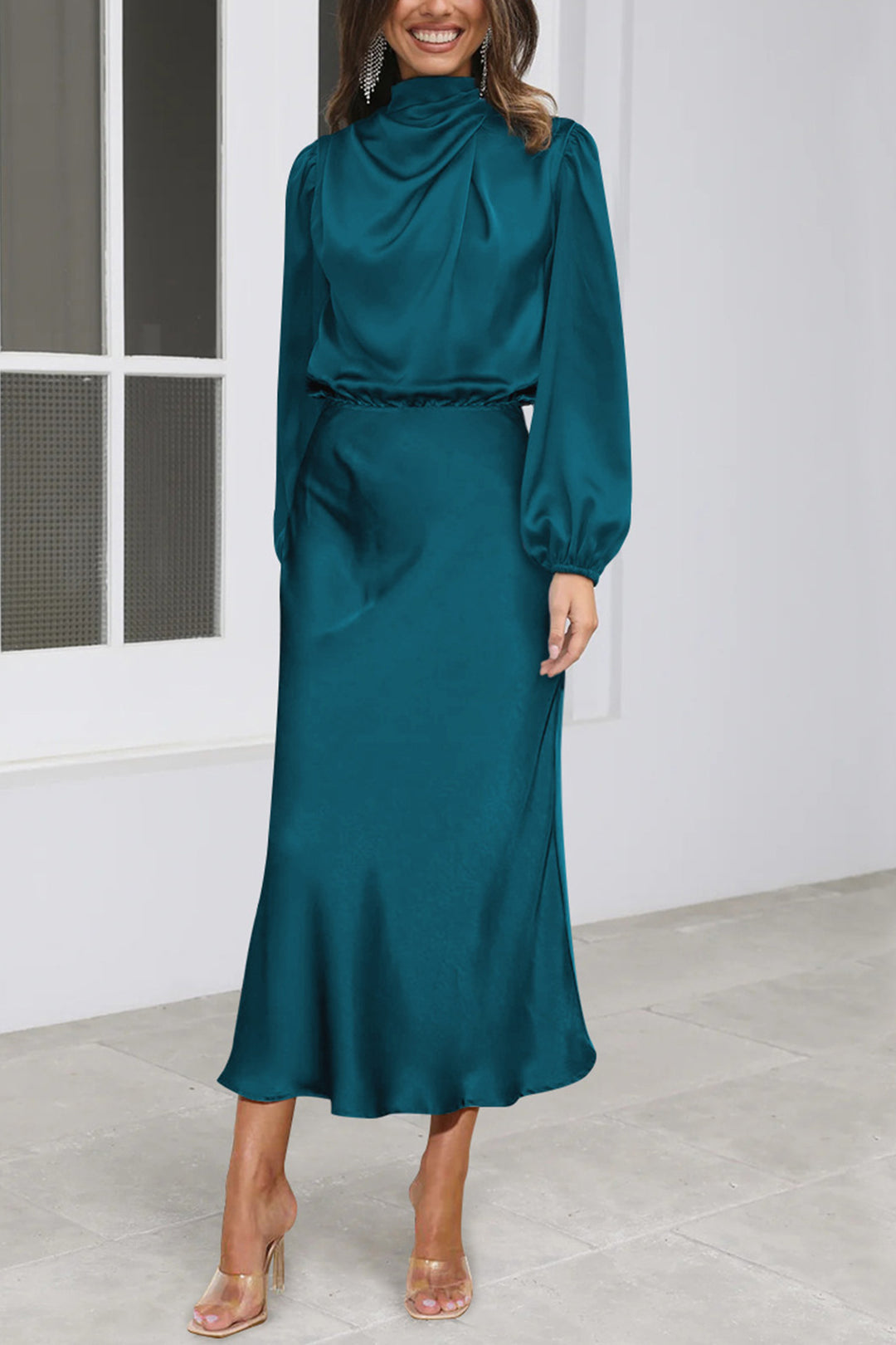 Satin Stacked Collar Lantern Sleeve Dress Black · XL