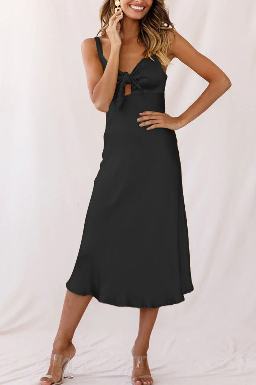 Satin Tie-front Cutout Cami Dress Black · M