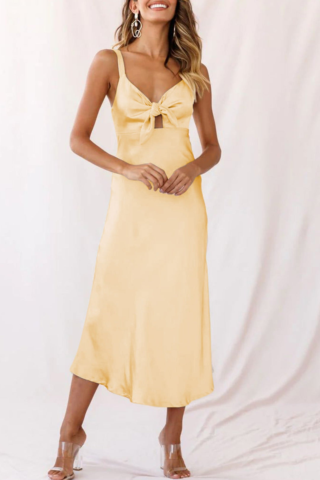 Satin Tie-front Cutout Cami Dress Apricot · M