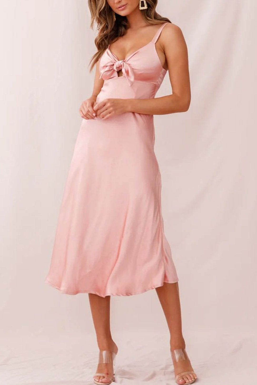 Satin Tie-front Cutout Cami Dress Pink · M