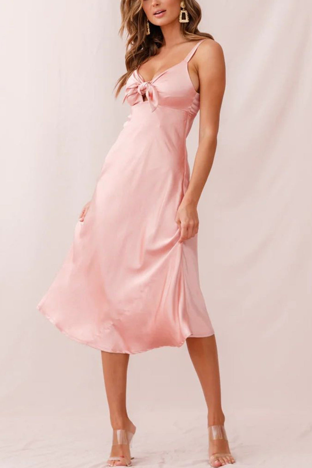 Satin Tie-front Cutout Cami Dress Pink · L