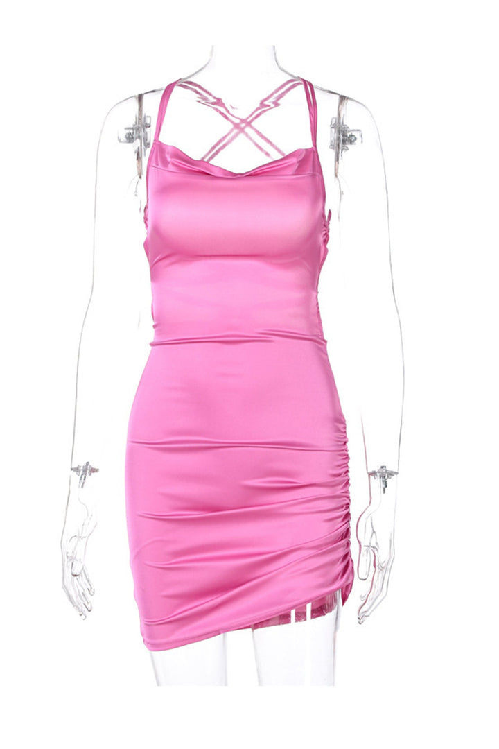 Satin Tie-up Ruched Cami Dress Khaki · L