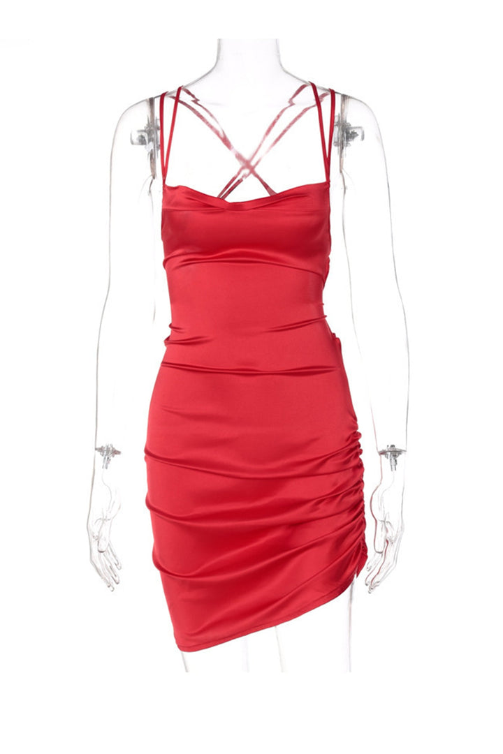 Satin Tie-up Ruched Cami Dress Coffee · M