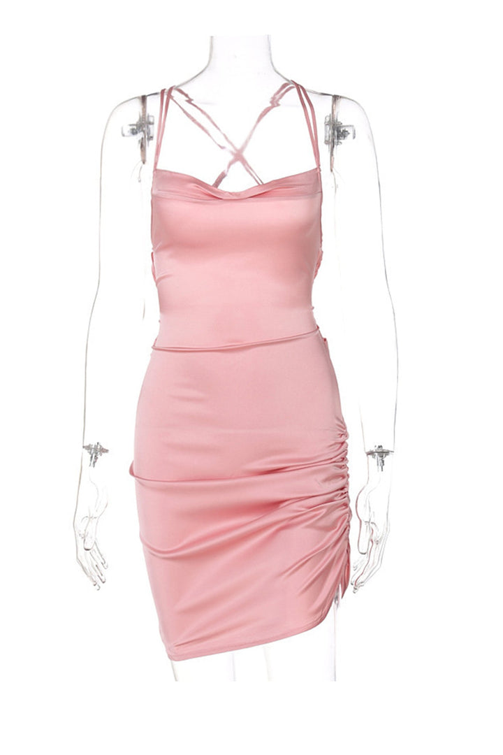 Satin Tie-up Ruched Cami Dress Sky Blue · L