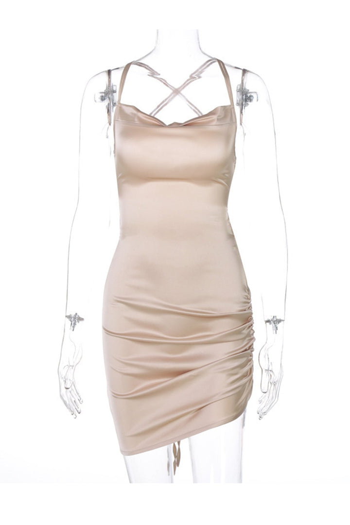 Satin Tie-up Ruched Cami Dress Pink · XL