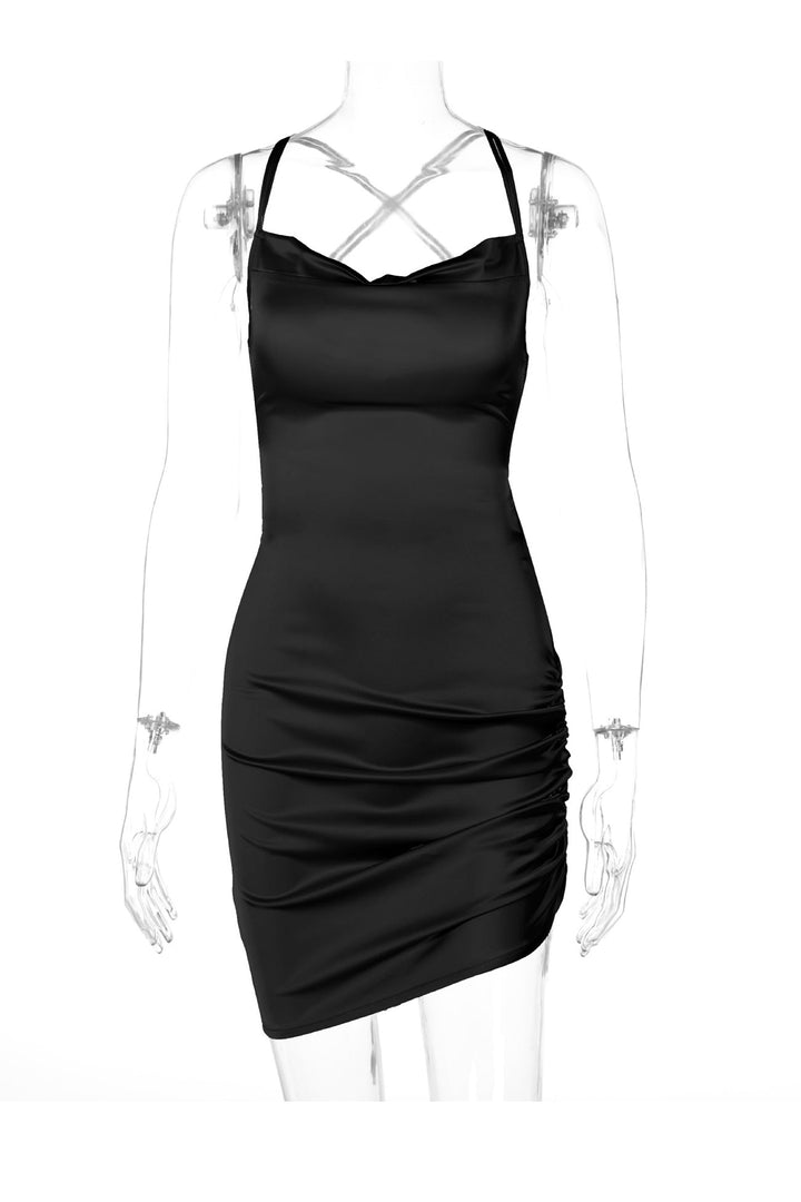 Satin Tie-up Ruched Cami Dress Khaki · S