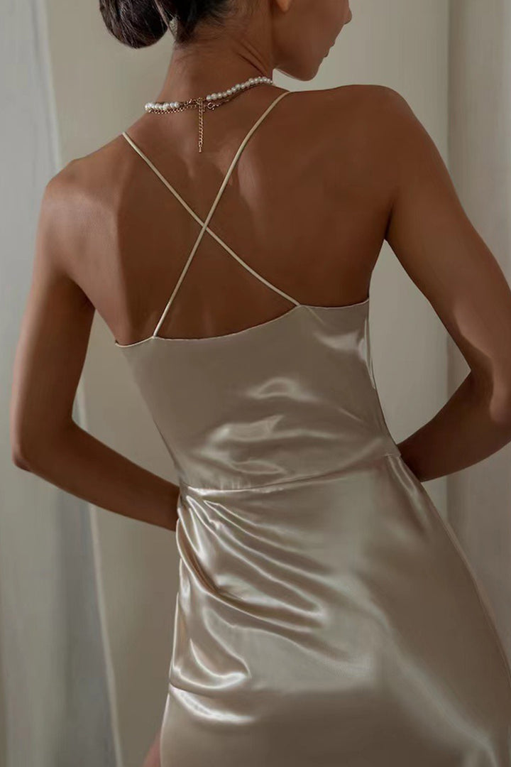 Satin V Neck Backless Cami Dress Champagne · S
