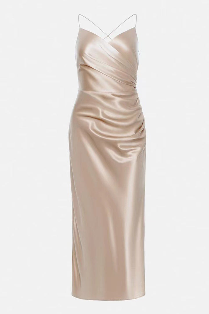 Satin V Neck Backless Cami Dress Rose · M