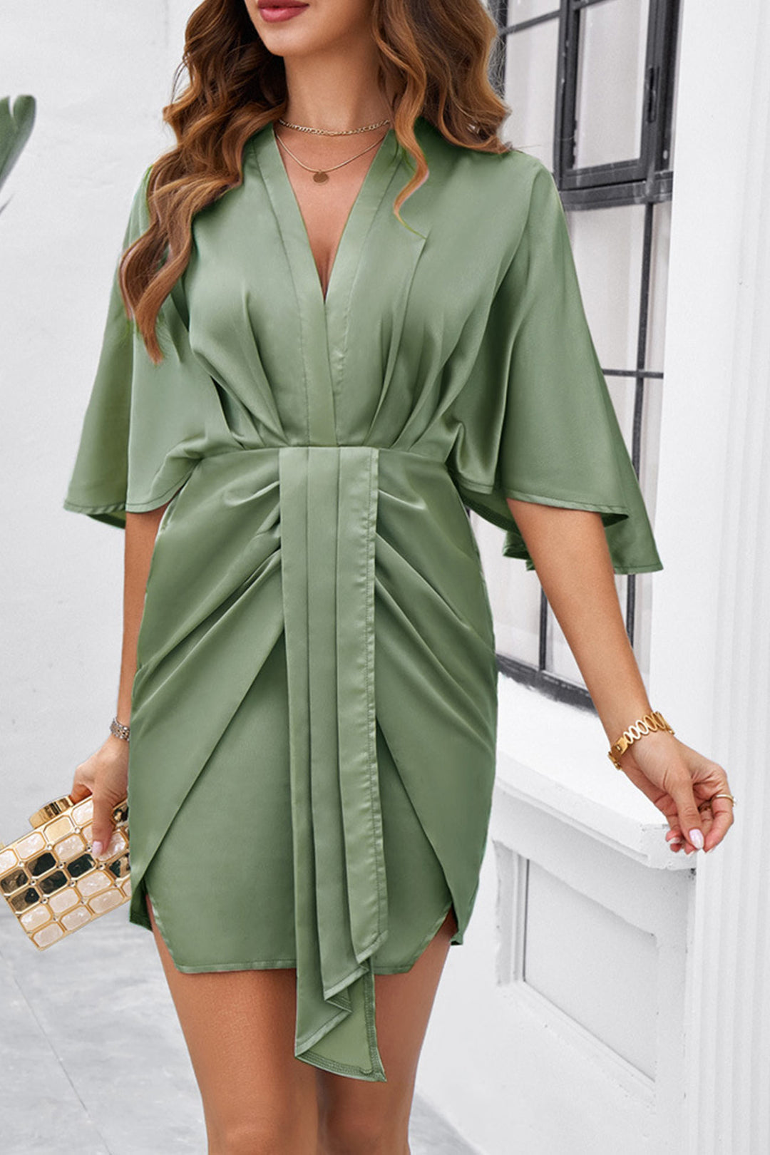 Satin V Neck Bat Sleeve Pack Hip Dress Green · M