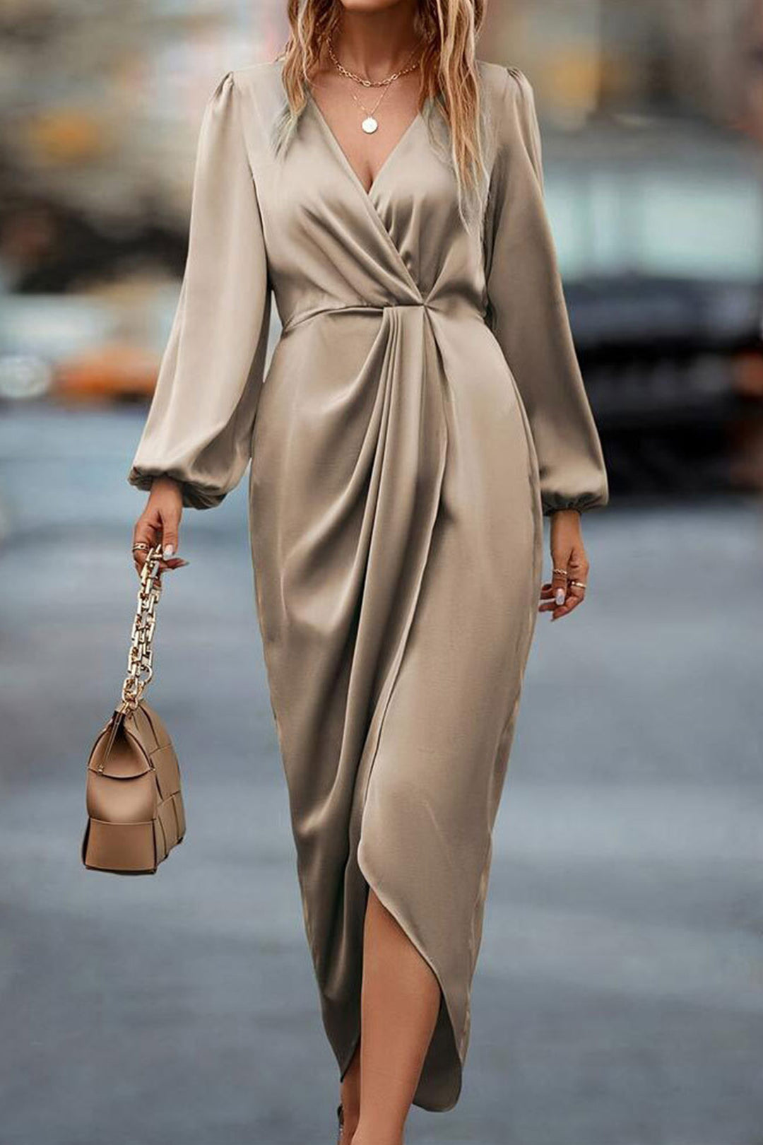 Satin V Neck Puff Sleeve Slit Dress