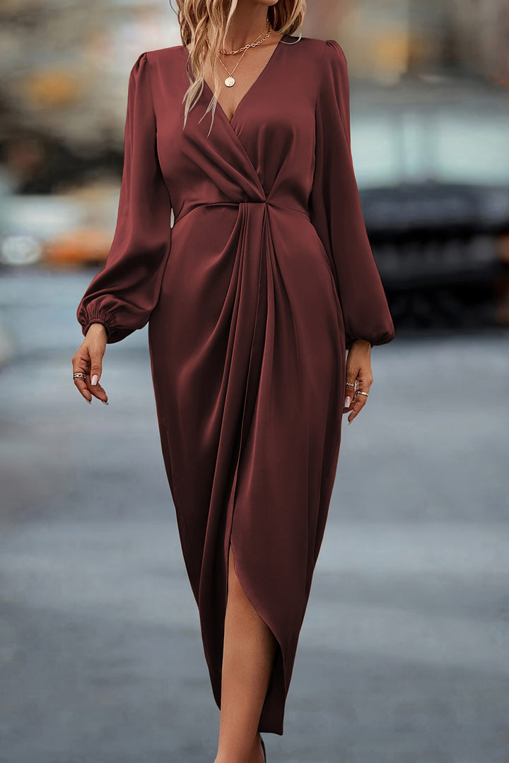 Satin V Neck Puff Sleeve Slit Dress Champagne · L