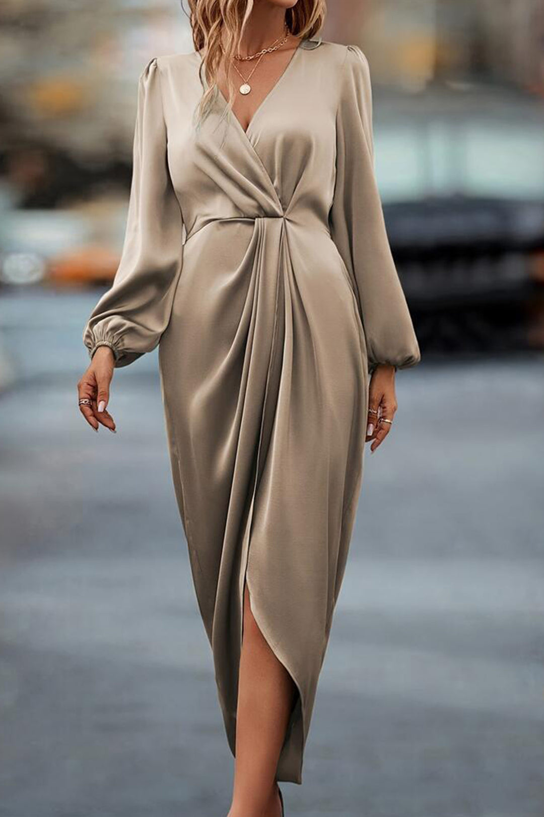 Satin V Neck Puff Sleeve Slit Dress Champagne · M