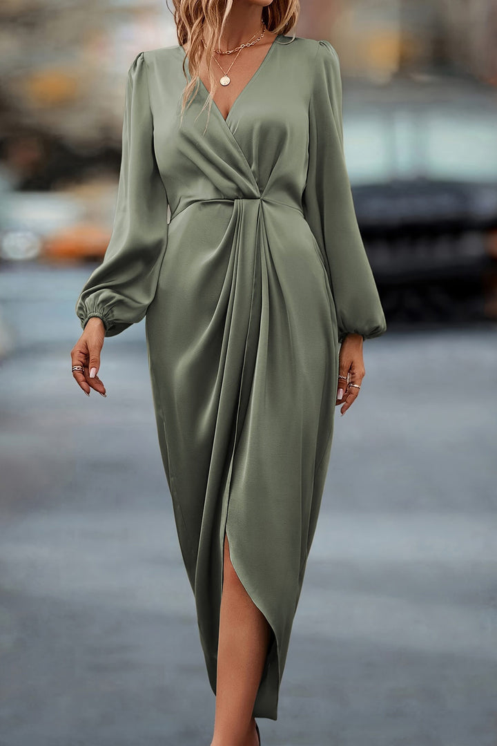 Satin V Neck Puff Sleeve Slit Dress Champagne · XL