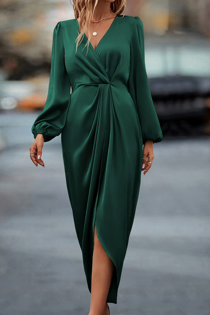 Satin V Neck Puff Sleeve Slit Dress Wine Red · M