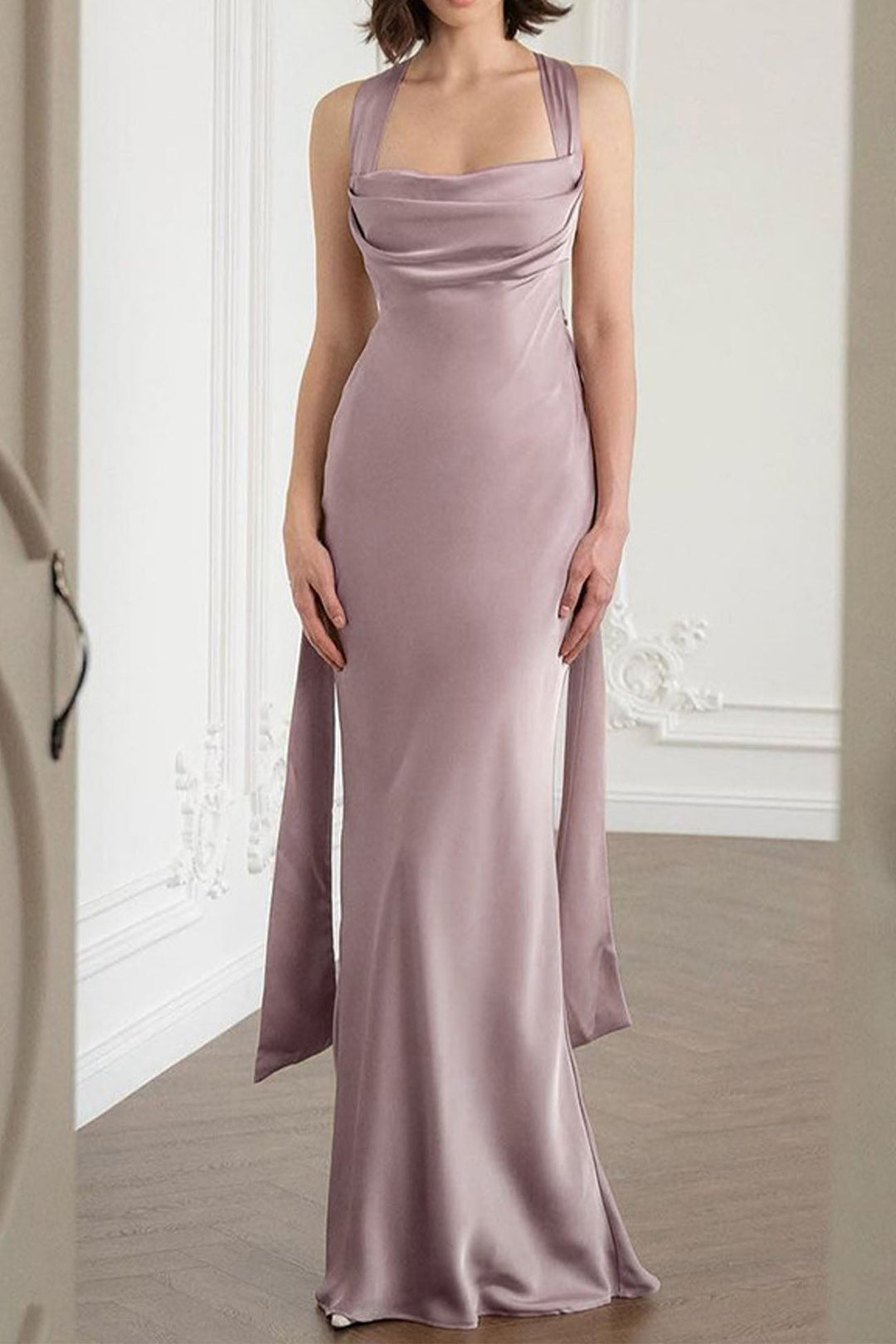 Satin Backless Cross Strap Ribbon Dress Light Purple · M