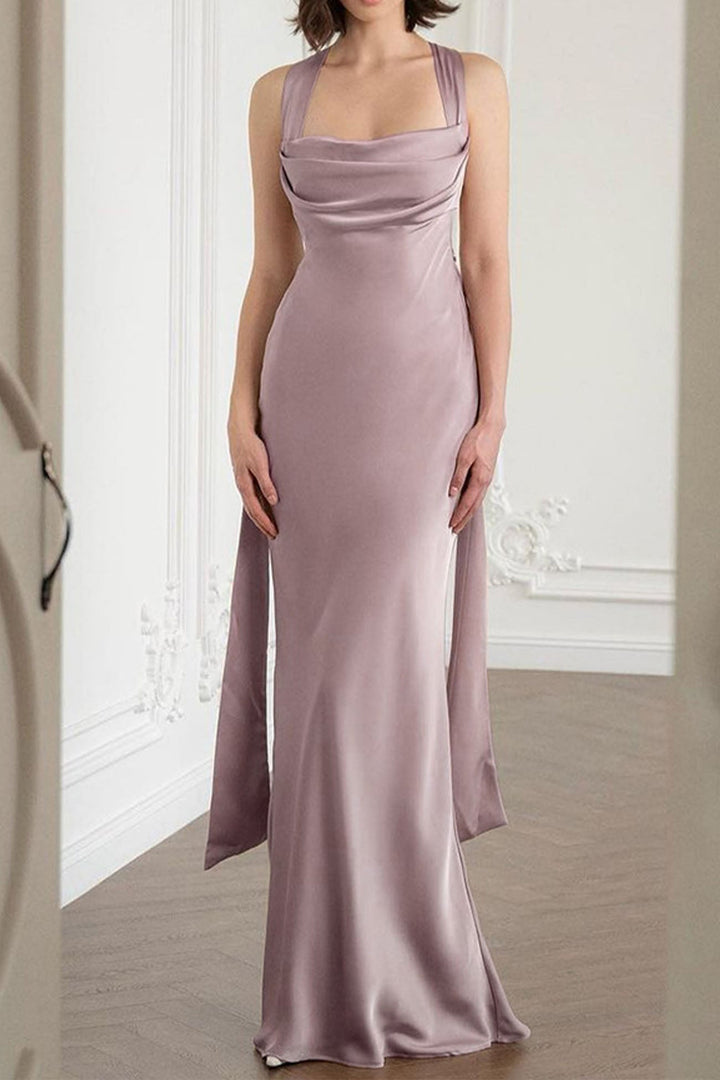 Satin Backless Cross Strap Ribbon Dress Light Purple · M