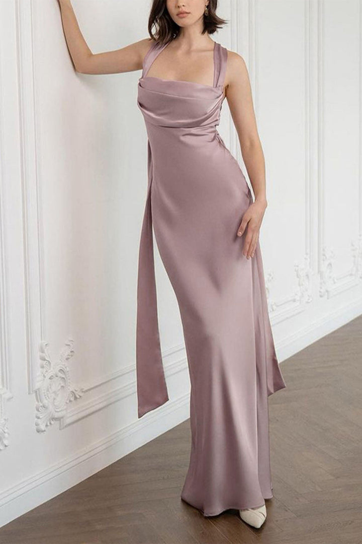 Satin Backless Cross Strap Ribbon Dress Light Purple · L