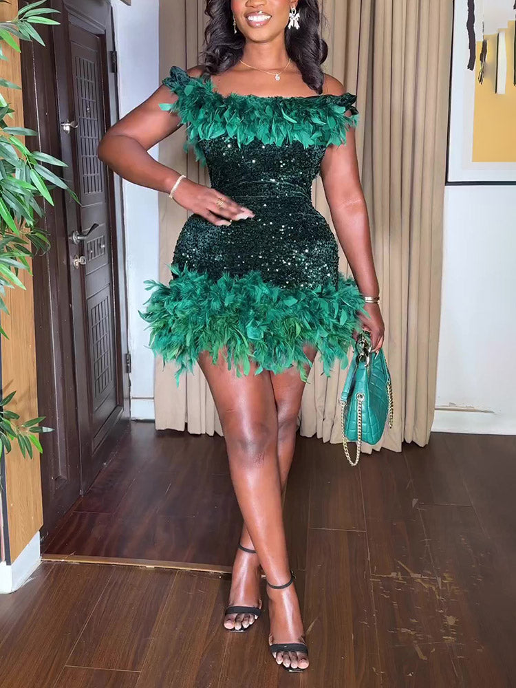 Sequin Feather Party Dress Green / S